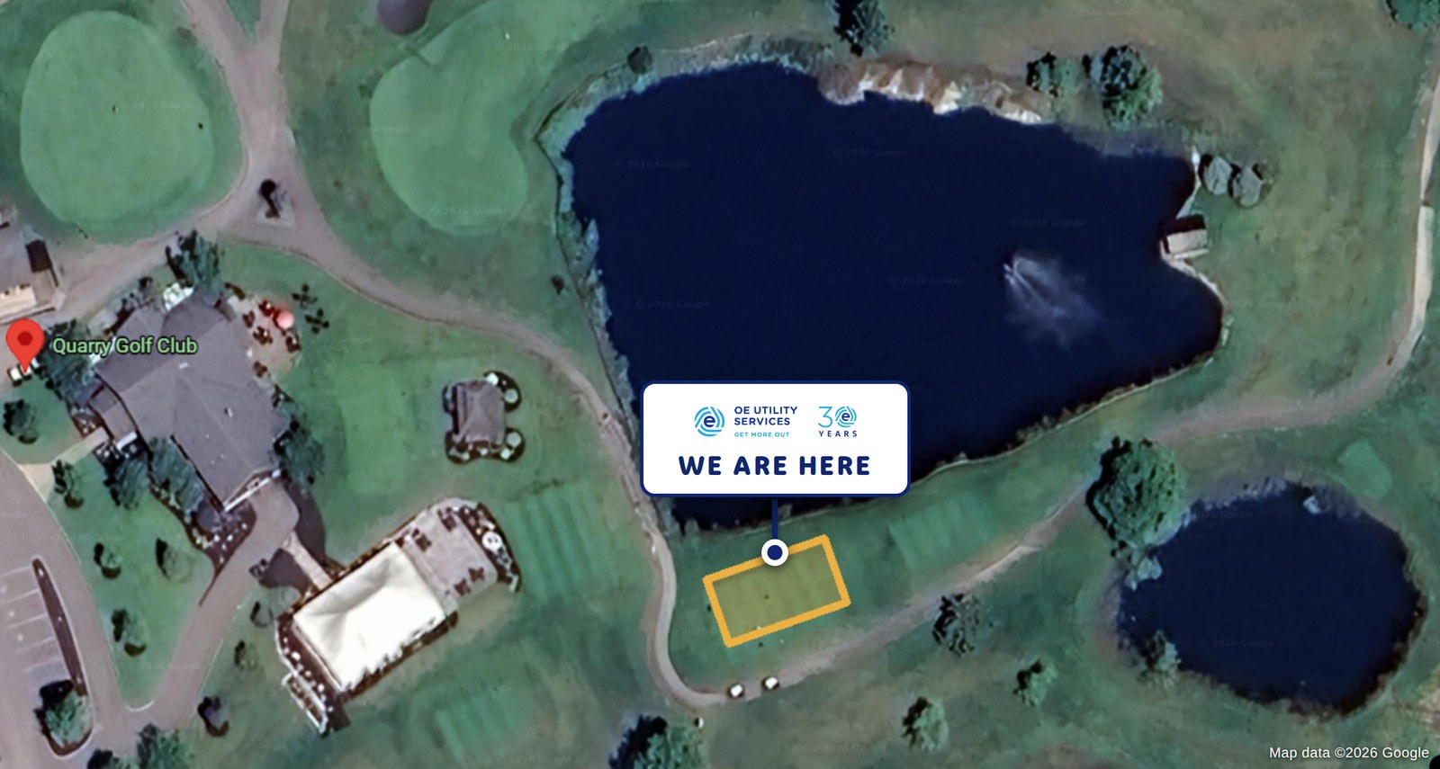 Aerial view of The Quarry Golf Club with the OE Utility Services tent location marked